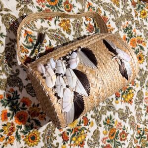 Vintage Woven Straw Barrel Bag Sea Shell Raffia Tassel Boho Tropical